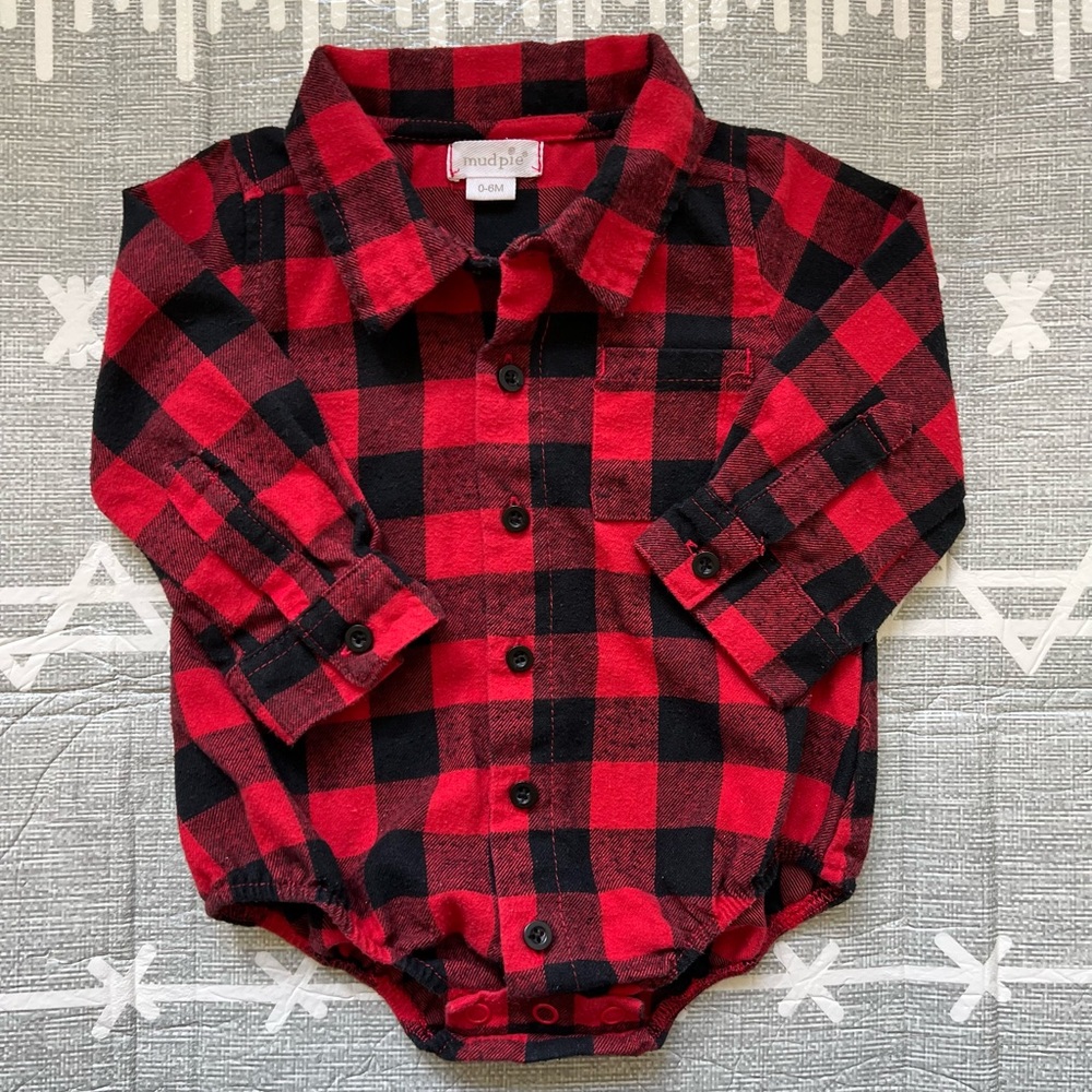 Mudpie Red Black Buffalo Plaid Baby Bodysuit
